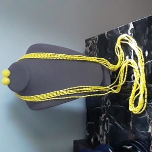 60s or 70's 5 Strand Bugle Beaded Necklace & Earring Set, yellow